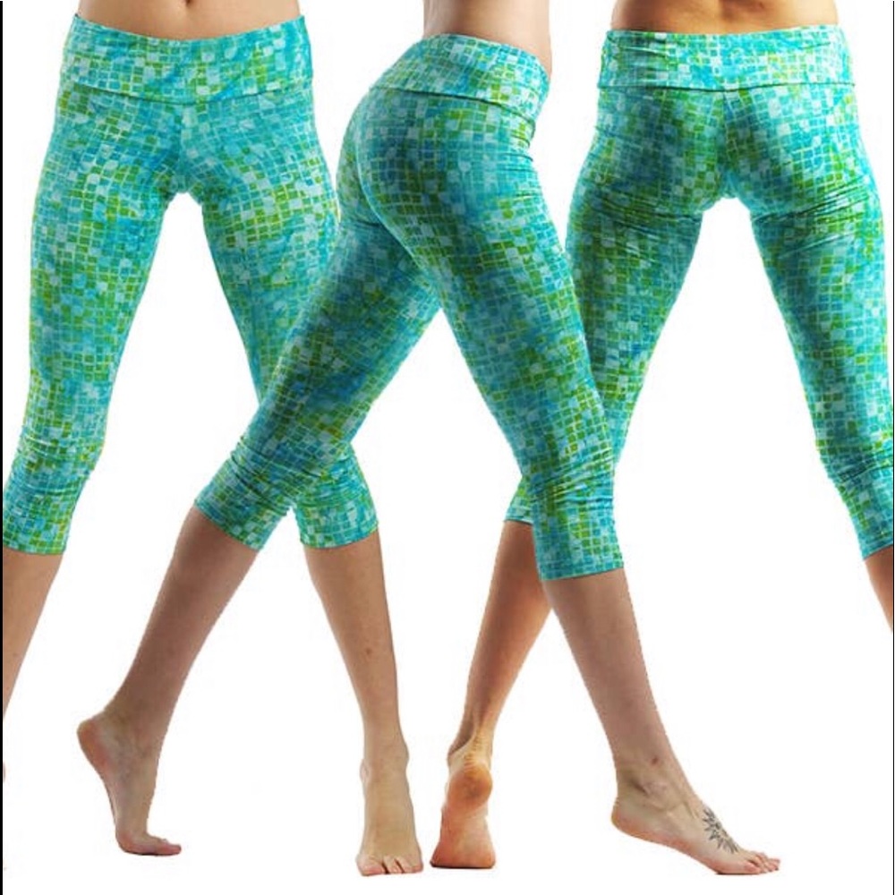 YOGA Hands to Hearts Sea Blue and Green Hand Dyed Hand Stamped Artisan Leggings